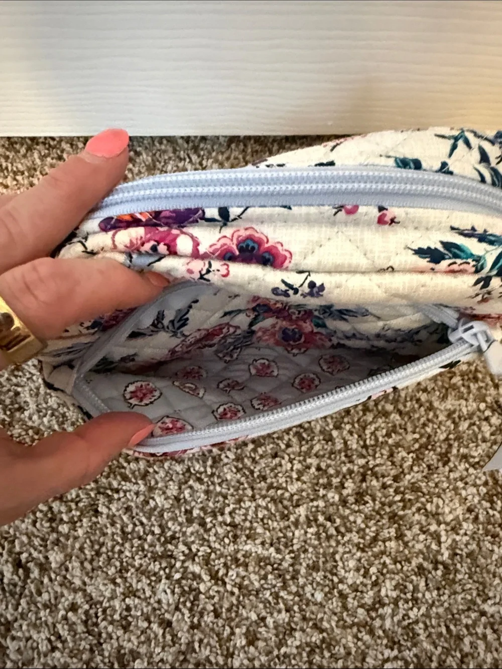 Vera Bradley Quilted Floral Zip Cosmetic Pouch in White with Blue and Pink